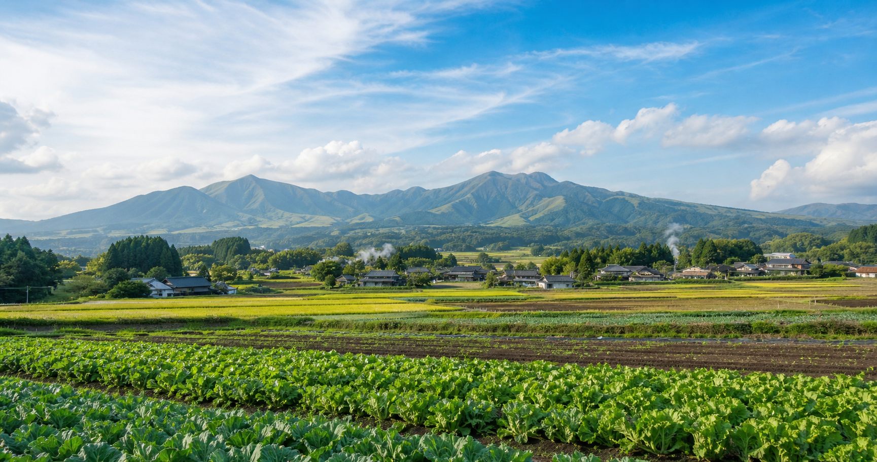 高原の畑と山並みと集落がある阿蘇の田舎暮らしのイメージ風景