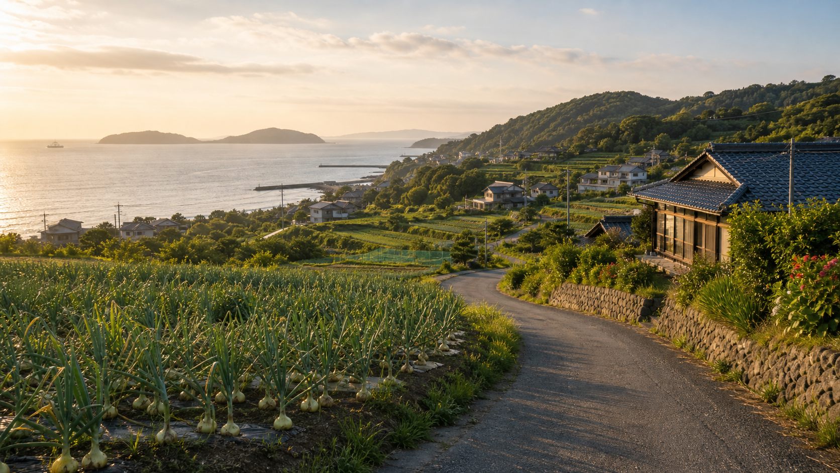 海と玉ねぎ畑と集落が見える淡路島の田舎暮らしのイメージ風景