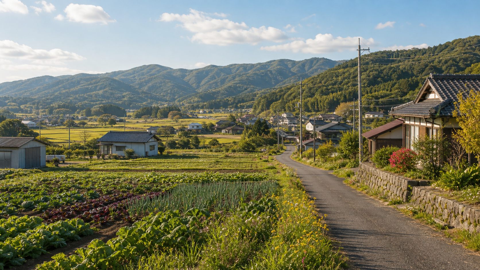 高原の畑と緩やかな丘陵が広がる吉備中央の田舎暮らしのイメージ風景
