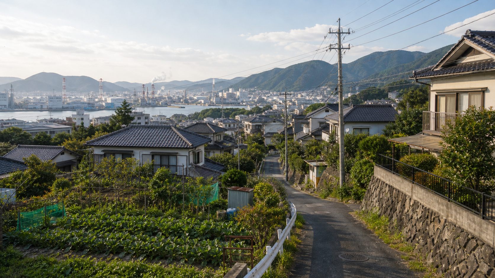 港と低山と住宅地が近い北九州の田舎暮らしのイメージ風景