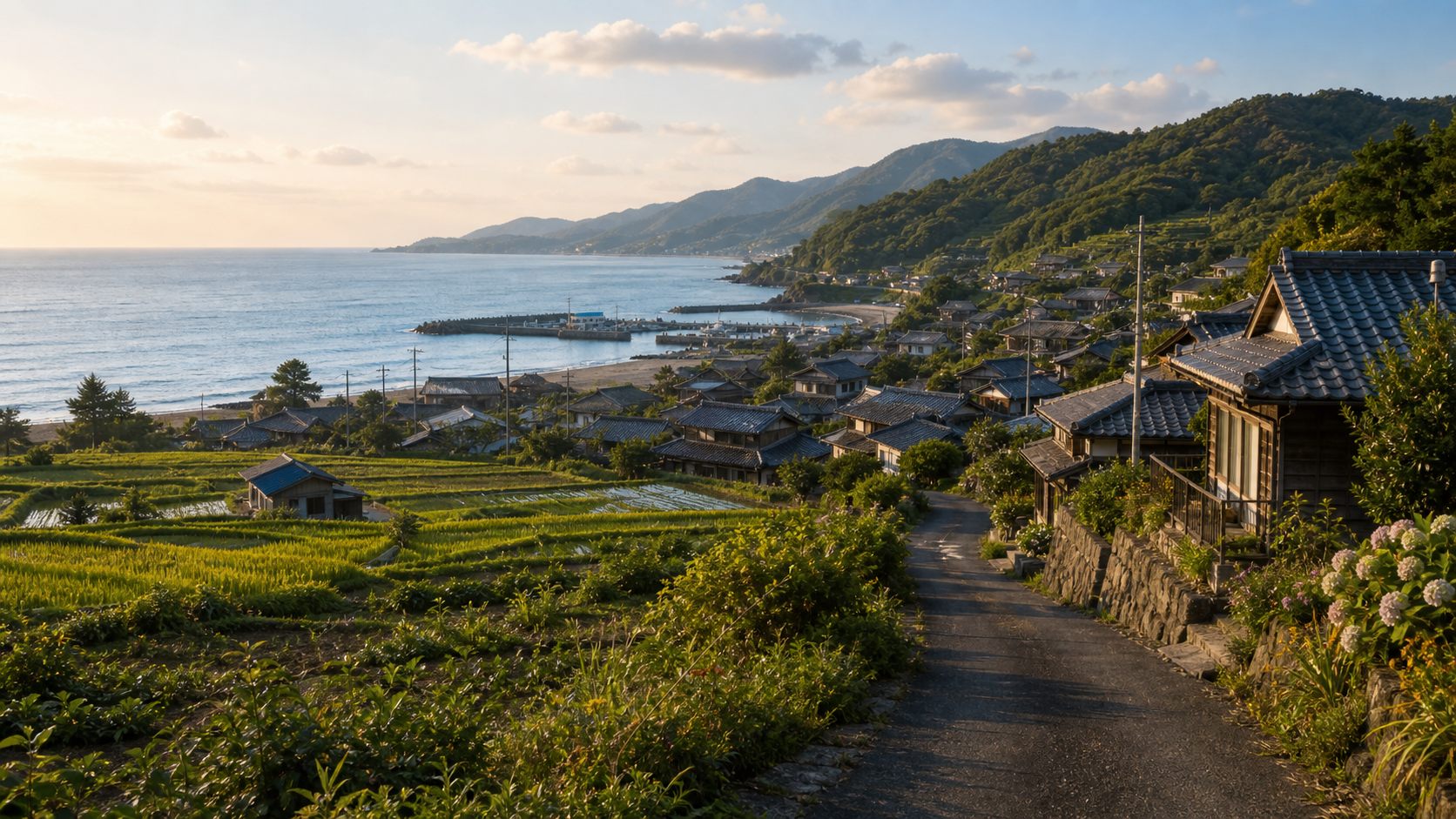 日本海側の海と田園集落が見える京丹後の田舎暮らしのイメージ風景