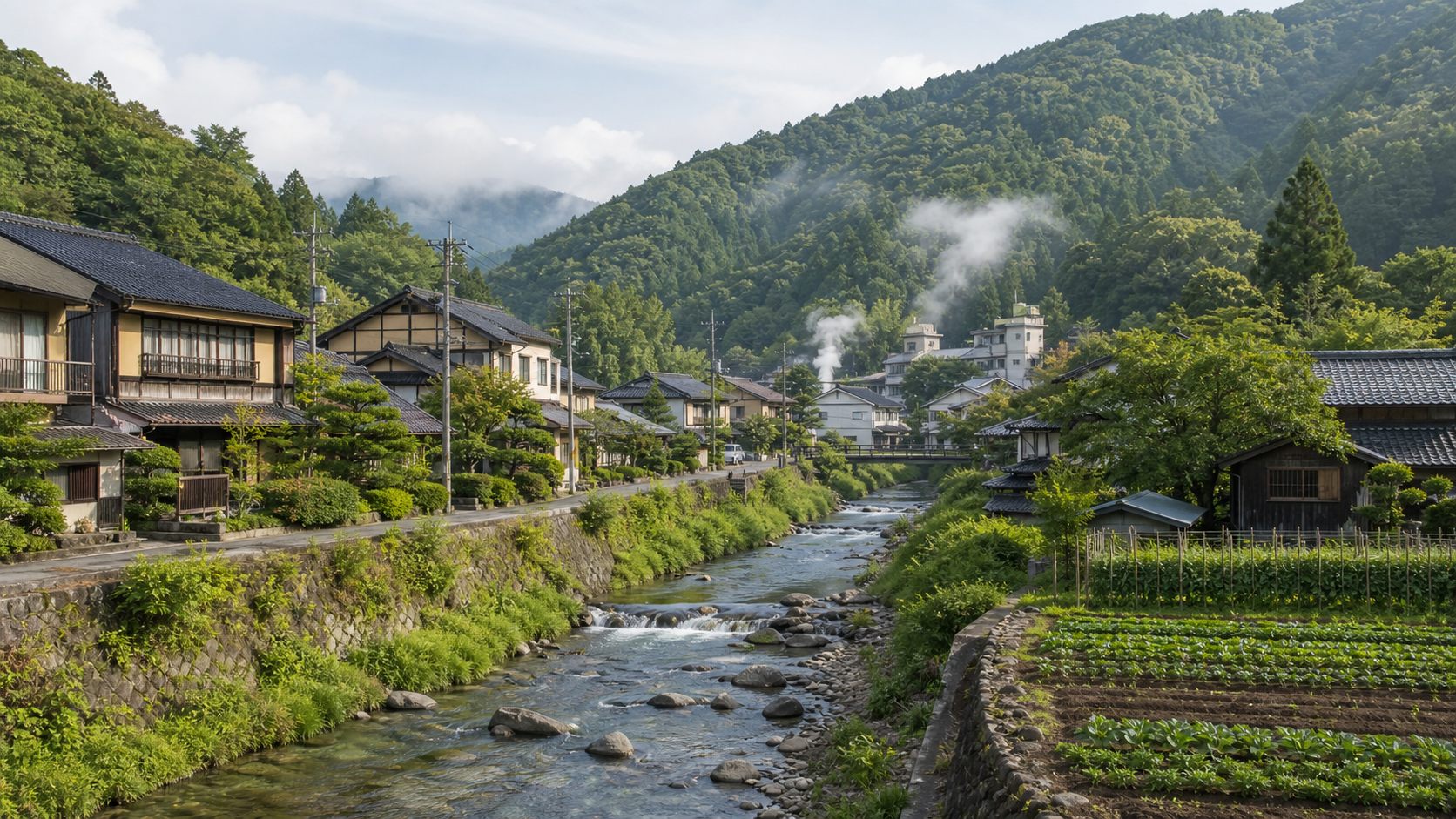 森と川と山あいの集落がある真庭の田舎暮らしのイメージ風景