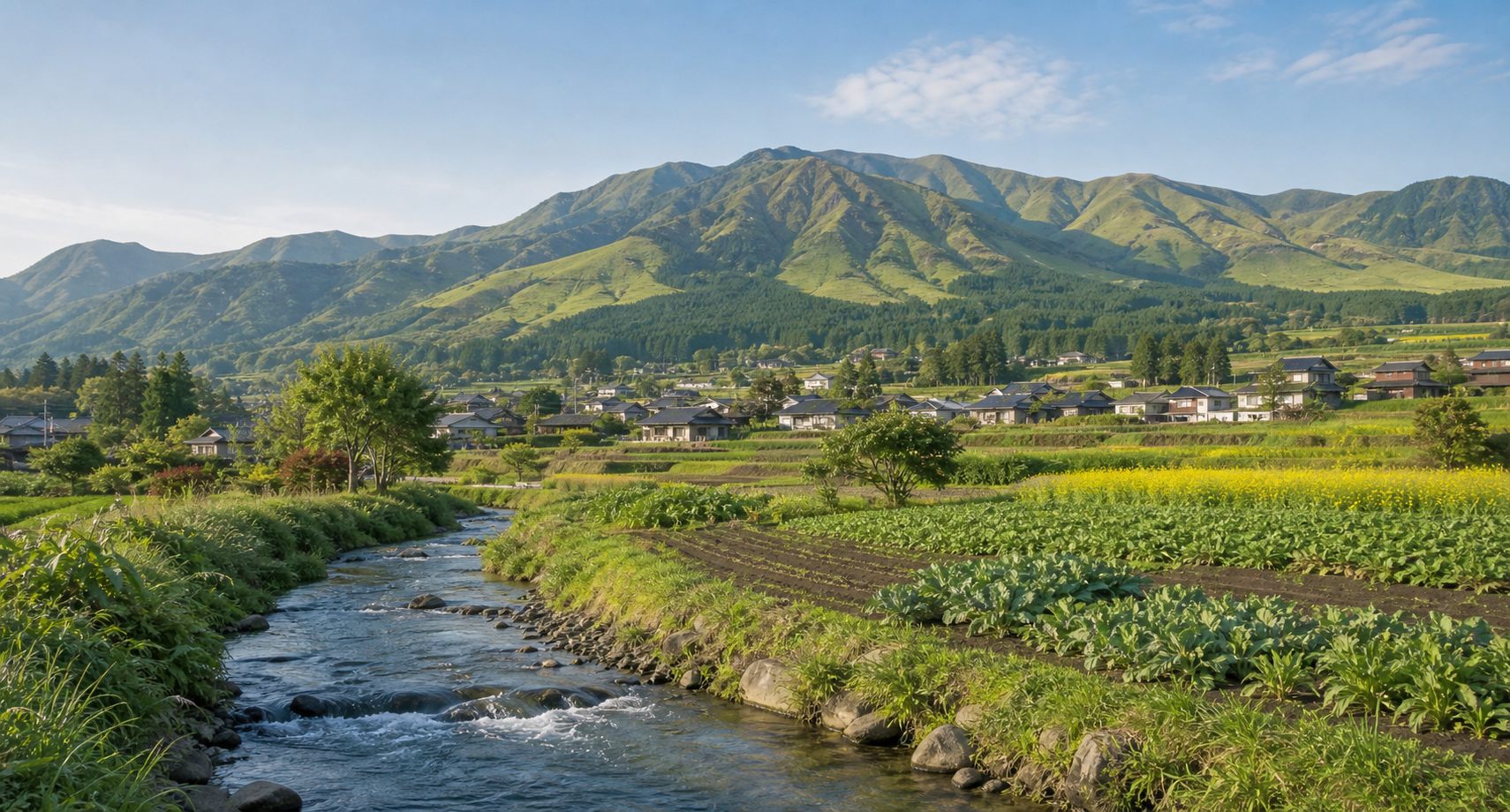 湧水の川と畑と山麓集落がある南阿蘇の田舎暮らしのイメージ風景