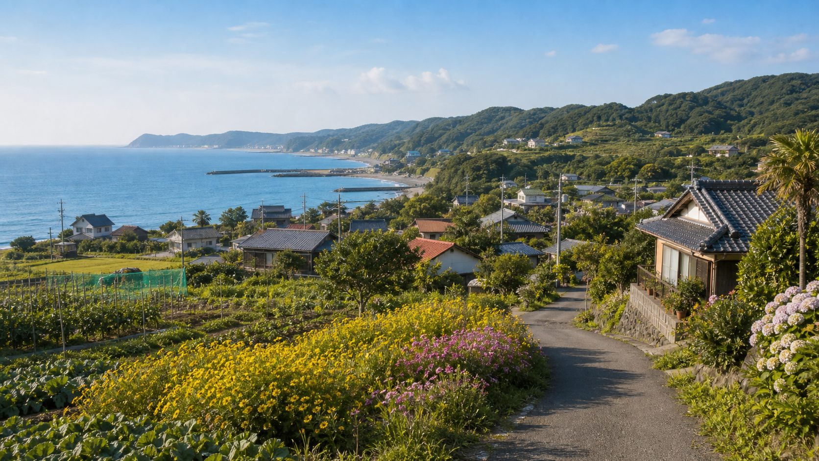海と花畑と集落が見える南房総の田舎暮らしのイメージ風景