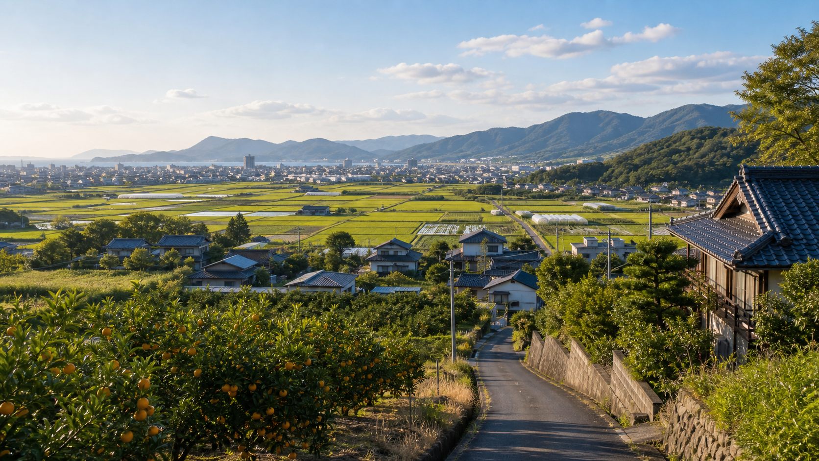 瀬戸内の穏やかな気候と果樹のある岡山の田舎暮らしをイメージした風景