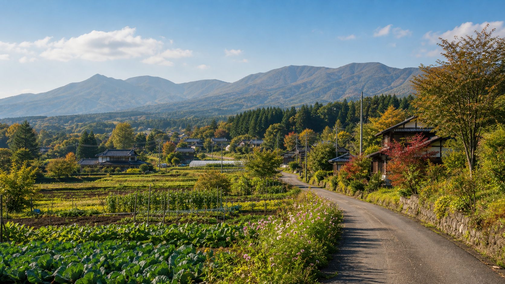 高原の畑と山麓集落が見える佐久・軽井沢周辺の田舎暮らしのイメージ風景