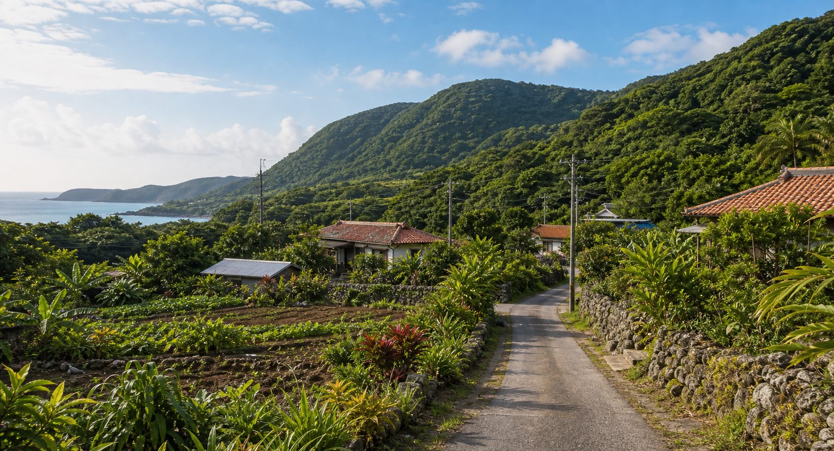 亜熱帯の森と集落と海が見えるやんばるの田舎暮らしのイメージ風景