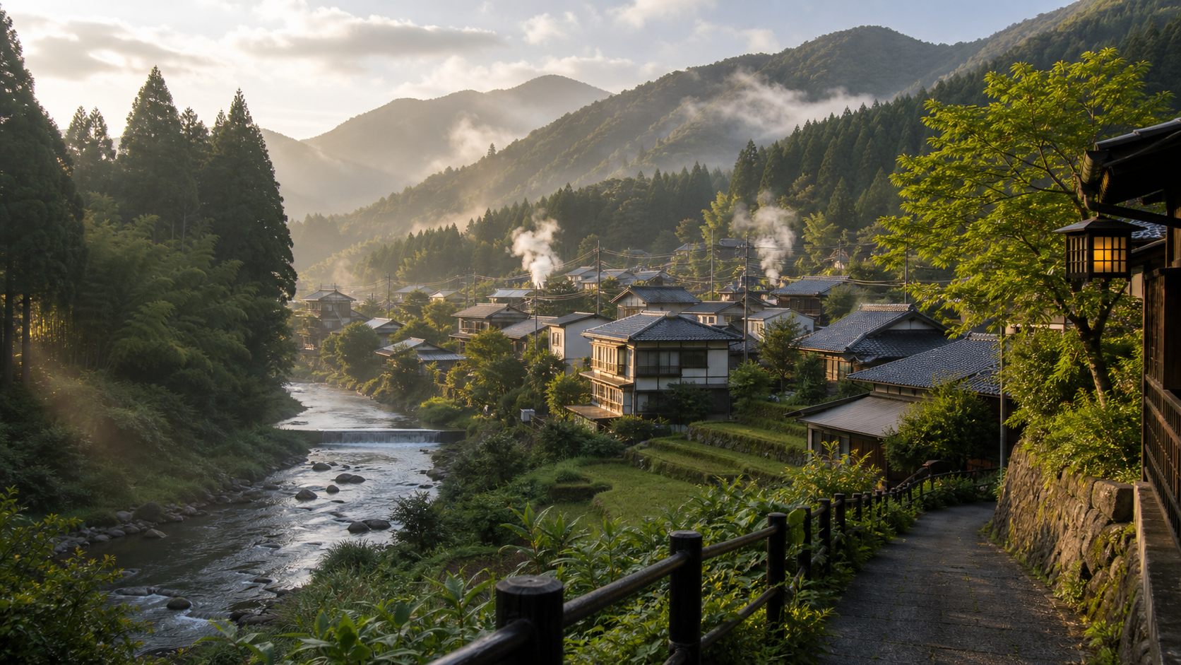 山あいの温泉集落と川沿いの田園が見える由布・日田の田舎暮らしのイメージ風景